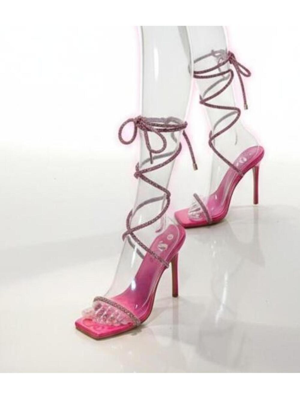 Lace Up Rhinestone High Heel Sandals with Square Toe by She In - Size 8